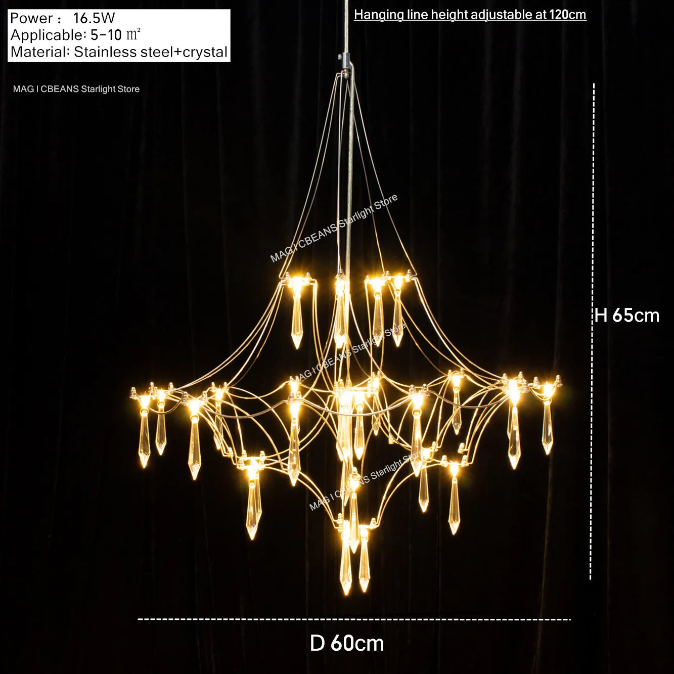 Starry Crystal Firefly Pendant Chandelier in Polished Steel