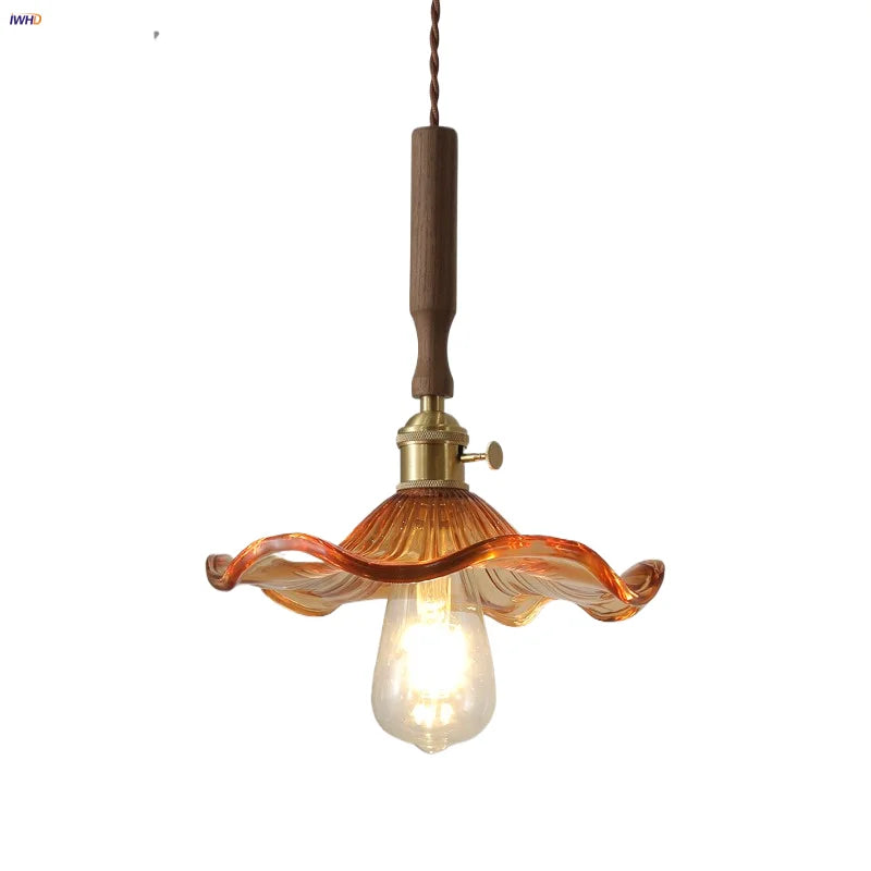 DecorBites™ Amber Glass LED Pendant Light, Nordic Modern Design, Walnut Wood, Dining Living Room Lighting