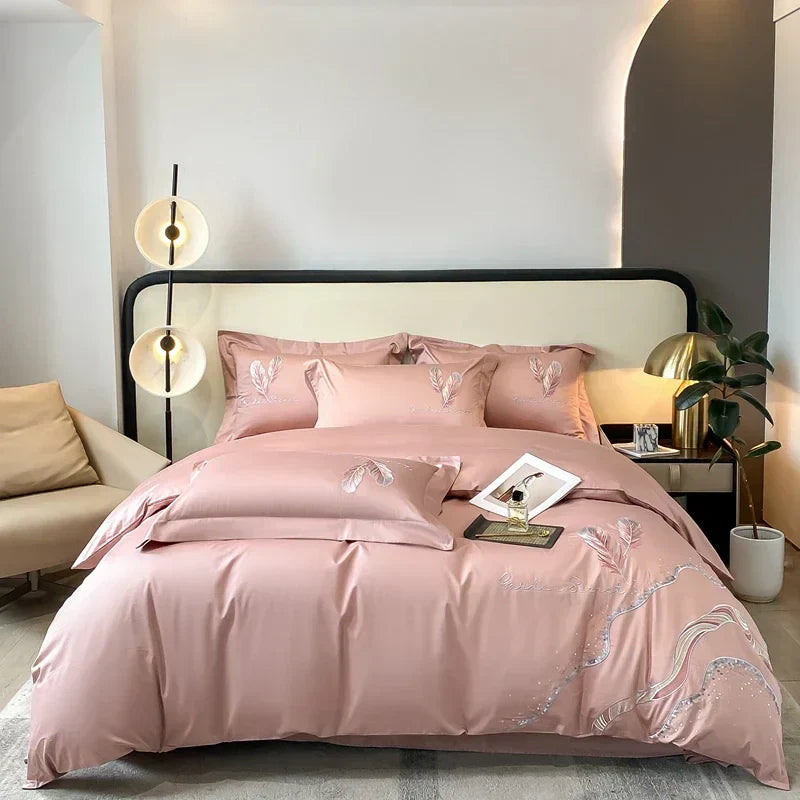DecorBites™ Cotton Embroidery Bed Linens Set: Full-Queen-King Size, Sheet, Duvet Cover, Pillowcase