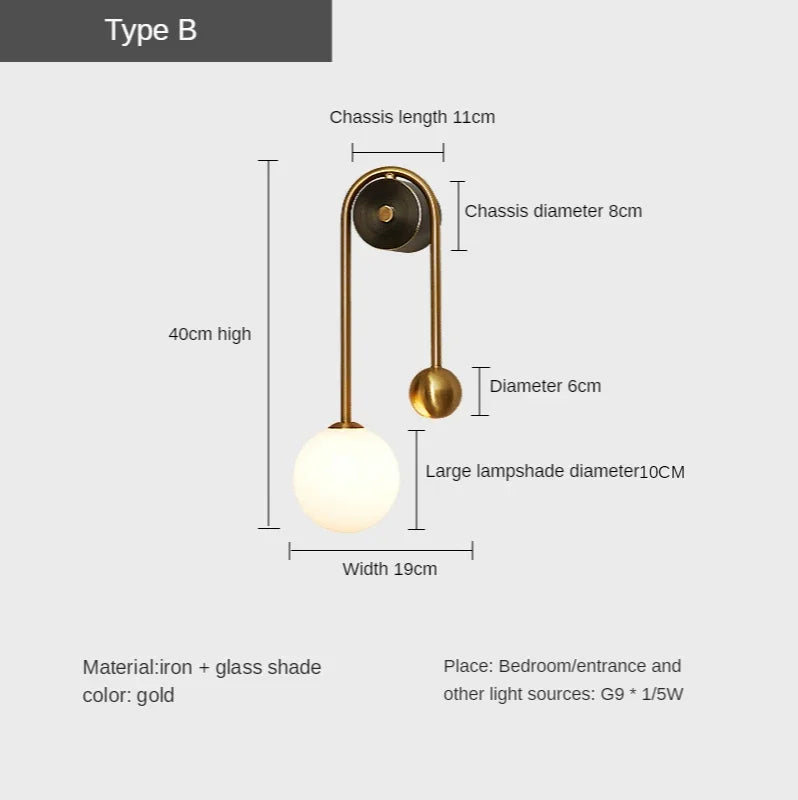 DecorBites™ Glass Ball LED Wall Lamp in Gold Iron for Modern Bedroom and Study Lighting