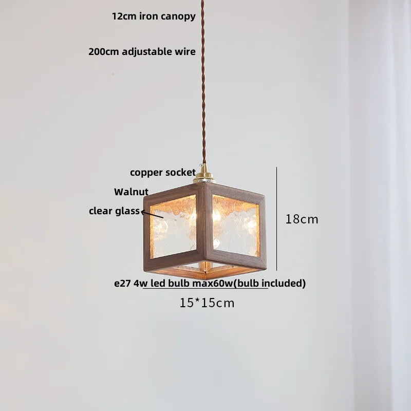 DecorBites™ Glass LED Pendant Lamp Walnut Wood Brass Hanging Lights