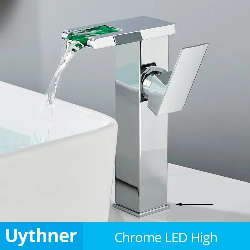 DecorBites™ LED Waterfall Bathroom Sink Faucet Hot Cold Mixer Tap Deck Mounted