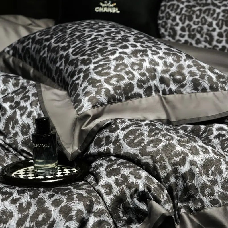 DecorBites™ 1000TC Egyptian Cotton Grey Leopard Print Bedding Set with Duvet Cover, Sheet, Pillowcase