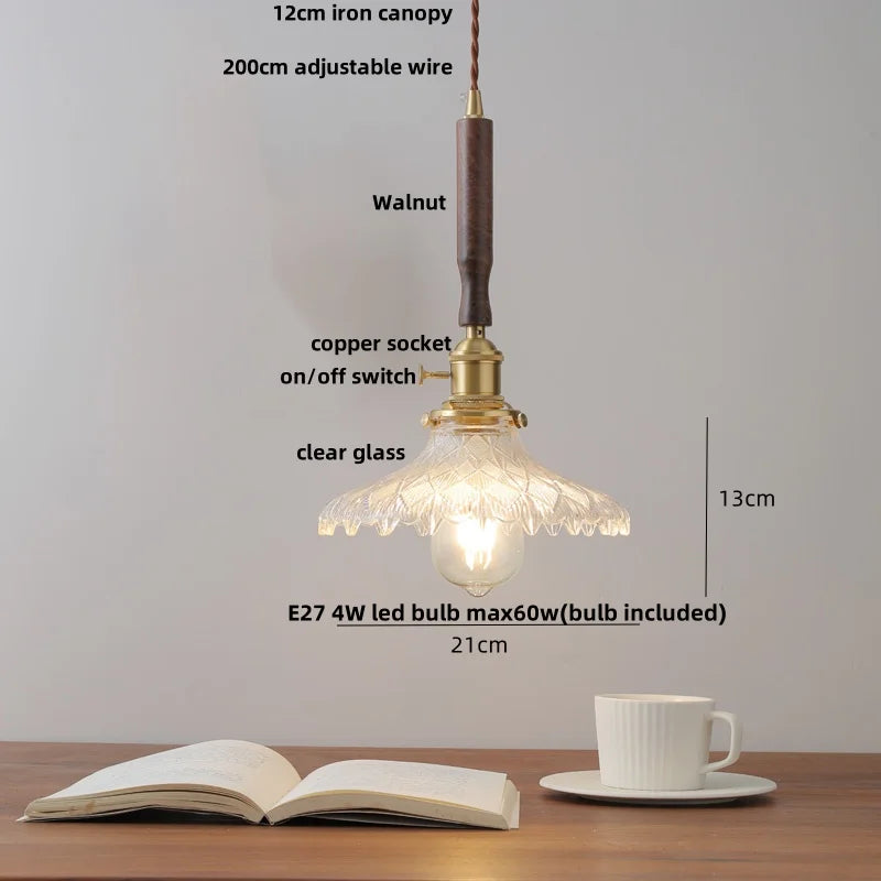 DecorBites™ Amber Glass LED Pendant Light, Nordic Modern Design, Walnut Wood, Dining Living Room Lighting