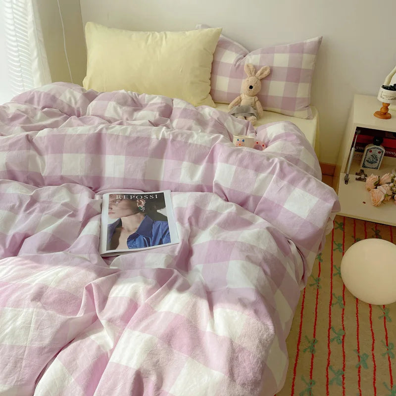 DecorBites™ Cozy Cotton Grid Bedding Sets for Student Dorms - Queen/King Bedclothes