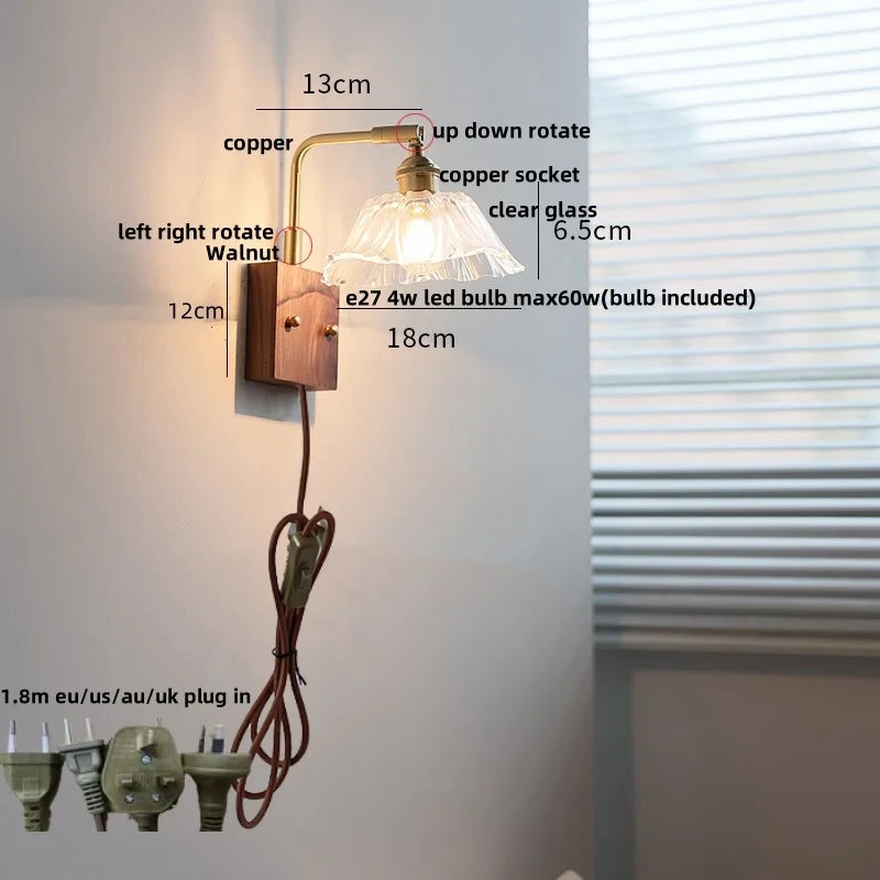 DecorBites™ Clear Glass LED Wall Light Walnut Bedside Lamp Modern Rotatable Brass Wall Lights