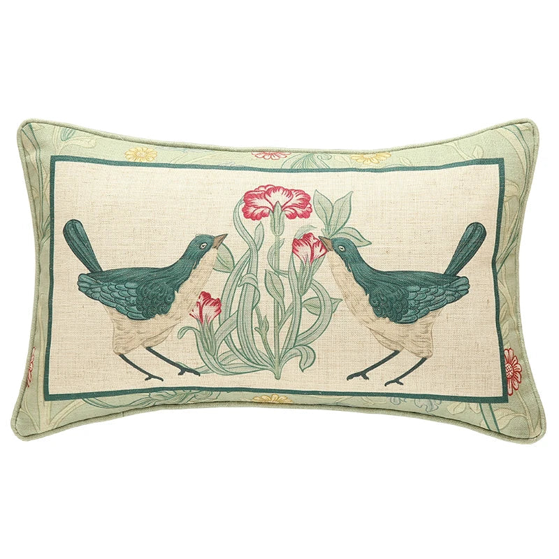 غطاء وسادة أسفل الظهر من الكتان الفرنسي فلاكس بطبعة زهور وطيور، أخضر فاتح من DecorBites™