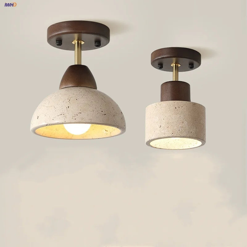 مصباح سقف LED على الطراز الياباني من DecorBites™ بقاعدة خشبية وحجر الترافرتين الأصفر لغرفة النوم.