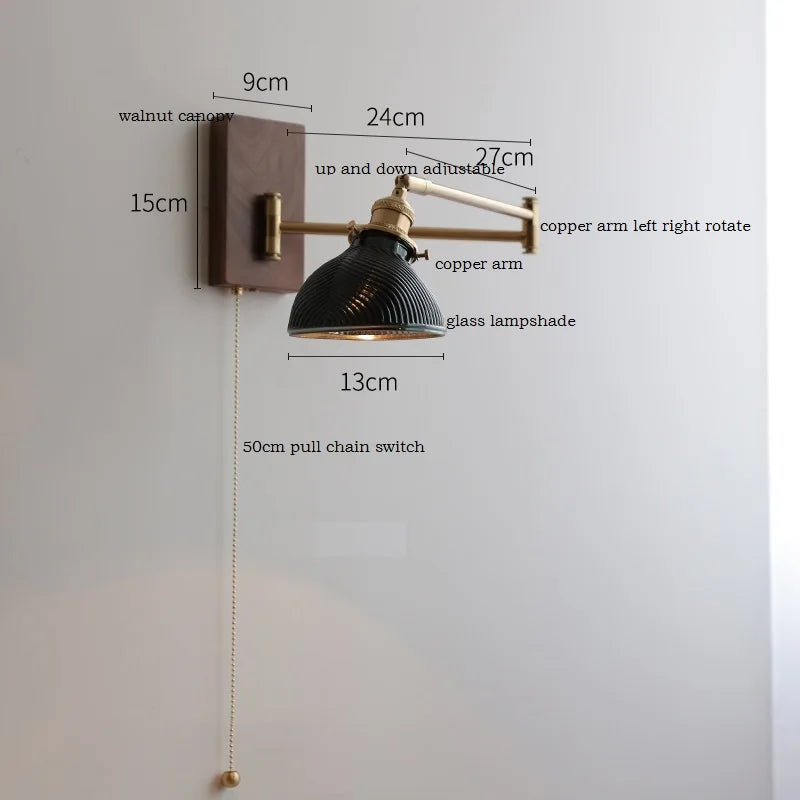 DecorBites™ Clear Glass Copper LED Wall Light with Pull Chain Switch & Walnut Wood Canopy