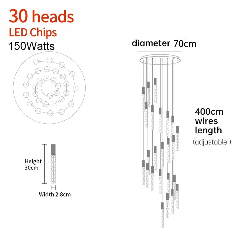 New Staircase Chandelier LED Modern Duplex Loft Spiral Long Chandelier Creative Villa Living Room Bedroom Hanging Crystal Light