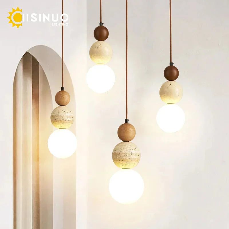 Wabi Sabi Cream Stone Pendant Light With Wooden Accent