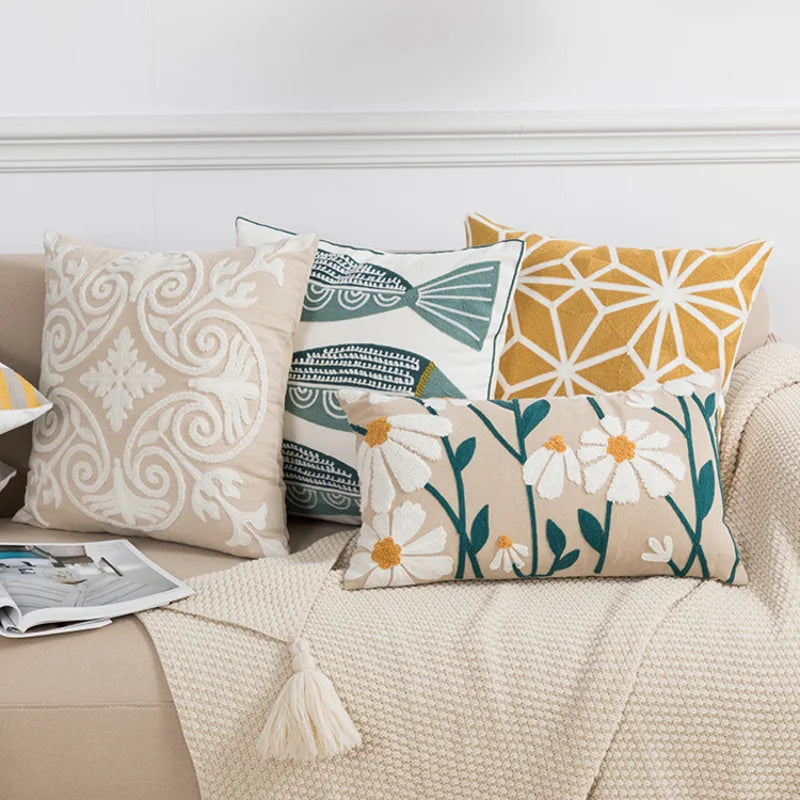 DecorBites™ Daisy Floral Geometric Embroidery Pillowcase, Soft Comfortable Home Decor Cover