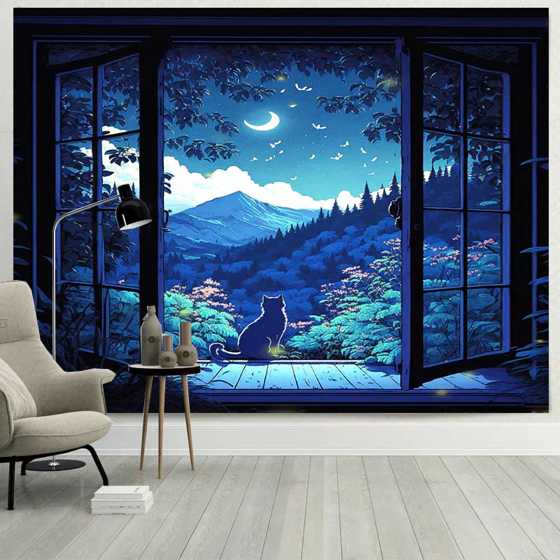 DecorBites™ نسيج حائط بتصميم نافذة أحلام للقطط للمناظر الطبيعية لغرف النوم والمعيشة