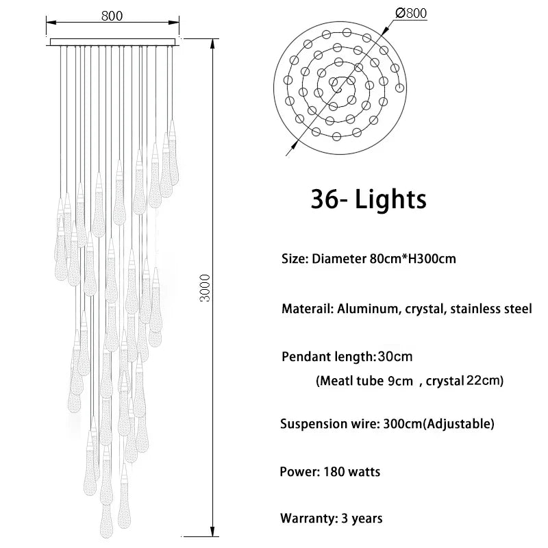 DecorBites™ Crystal Tear Drop Chandelier for Staircase, LED Pendant Light in Gold - Indoor Decor