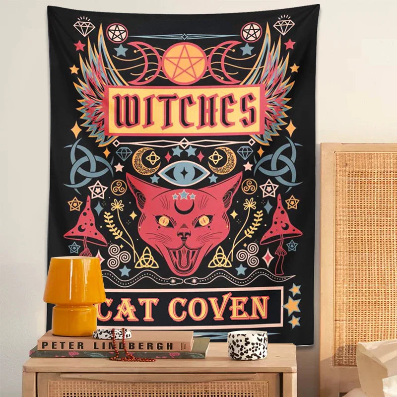 DecorBites™ Cat Witchcraft Tapestry: Sun Moon Tarot Mushroom Divination for Home Decor