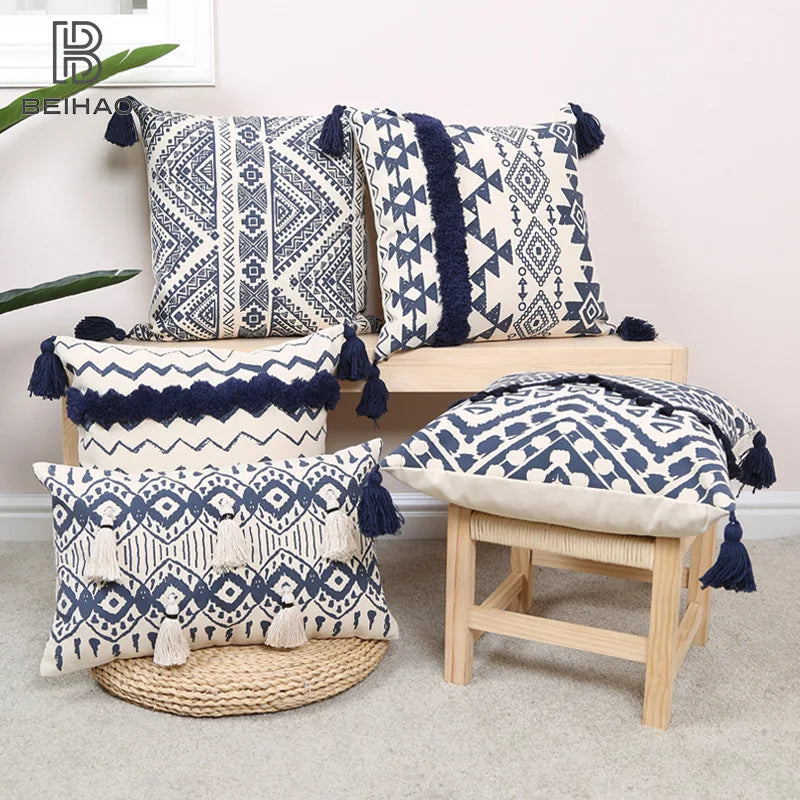غطاء وسادة DecorBites™ مزخرف بشرّابات ومنقوش بنقوش هندسية عرقية للأريكة وغرفة المعيشة