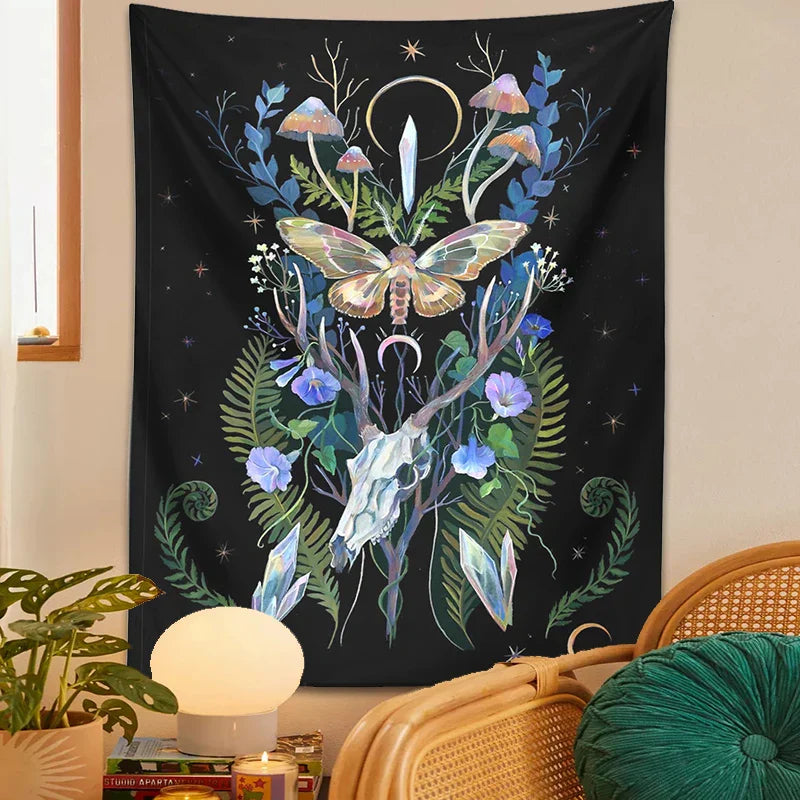 DecorBites™ جمجمة غزال عيش الغراب قمر معلقة حائطية نسيج مخدر ديكور سحر