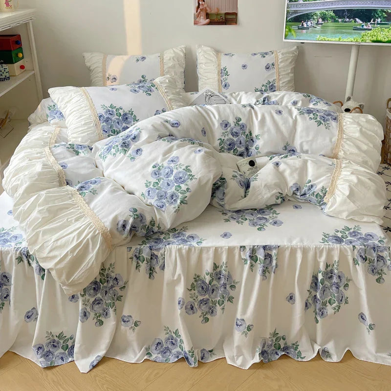 DecorBites™ طقم مفروشات أميرة كورية بنقشة الزهور - غطاء لحاف، غطاء سرير، أغطية وسائد