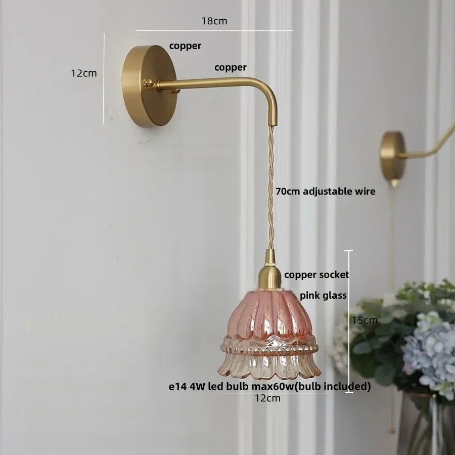 DecorBites™ Amber Glass LED Wall Light with Pull Chain Switch, Modern Nordic Flower Wall Sconce