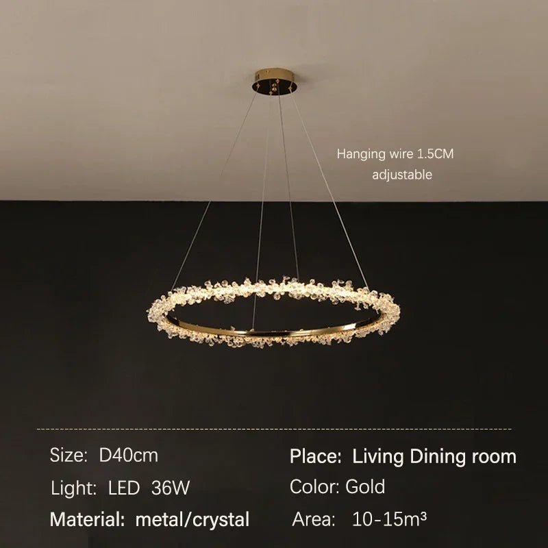 DecorBites™ ثريا كريستال ذهبية مستديرة | ثريا هالو LED فاخرة بنمط نورديك لغرفة المعيشة
