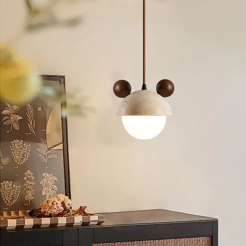 DecorBites™ Cream Glass LED Pendant Lights Modern Wood Yellow Travertine Pendant Lamp