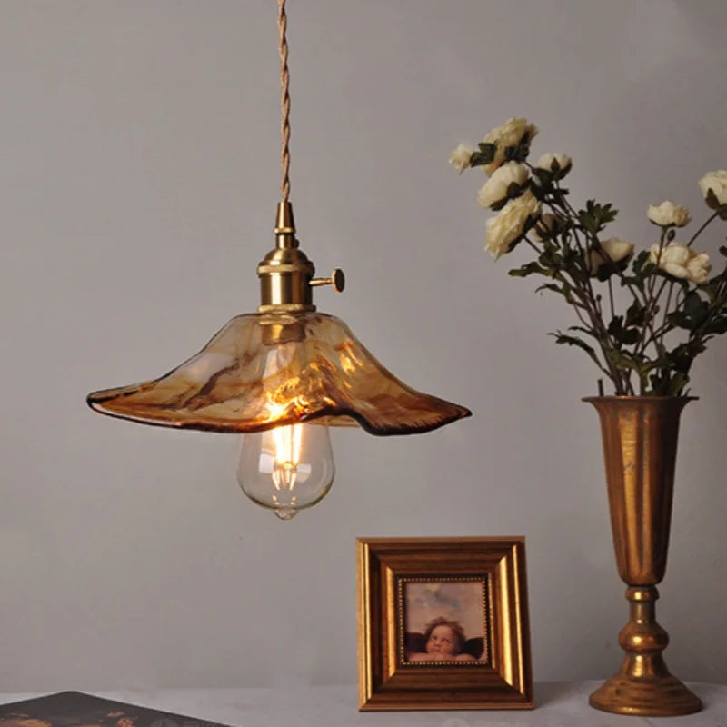 DecorBites™ Amber Glass Pendant Light Fixture with Copper Knob Switch