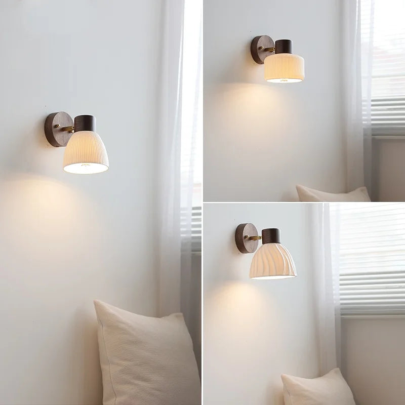 DecorBites™ LED Wall Light Fixture Modern Nordic Rotating Reading Lamp White Ceramic Wood