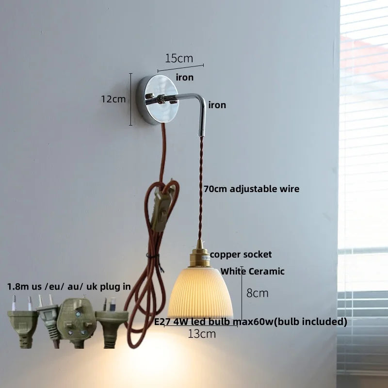 DecorBites™ Ash Wood LED Wall Light with Pull Chain Switch, Japanese Style Bedside Lamp
