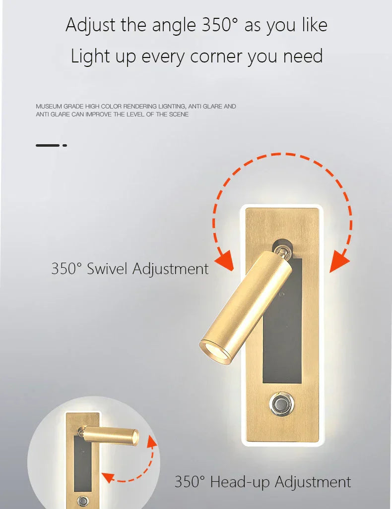 DecorBites™ Dimmable LED Wall Sconce Rotation Reading Light for Bedroom Living Room