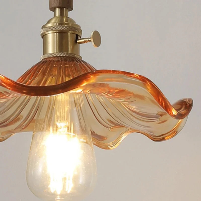 DecorBites™ Amber Glass LED Pendant Light, Nordic Modern Design, Walnut Wood, Dining Living Room Lighting
