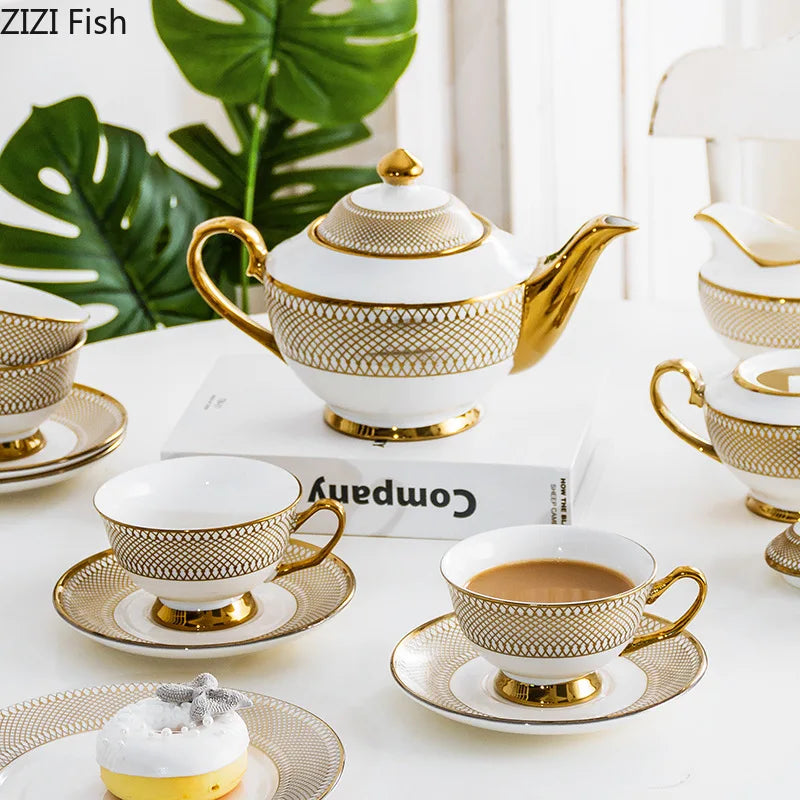 طقم شاي سيراميك ذهبي من DecorBites™ لطاولة الطعام، كوب قهوة، إبريق شاي، شاي بعد الظهر وحاوية مشروبات