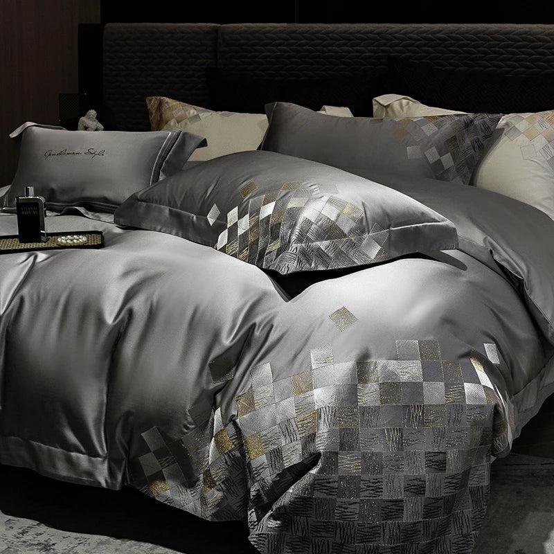 DecorBites™ 4-Piece Luxury Embroidery Bedding Set in Pearl White/Grey Satin Brocade Cotton