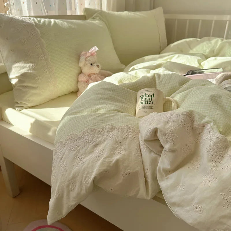 DecorBites™ French Lace Washed Cotton Bedding Sets for King Queen Beds
