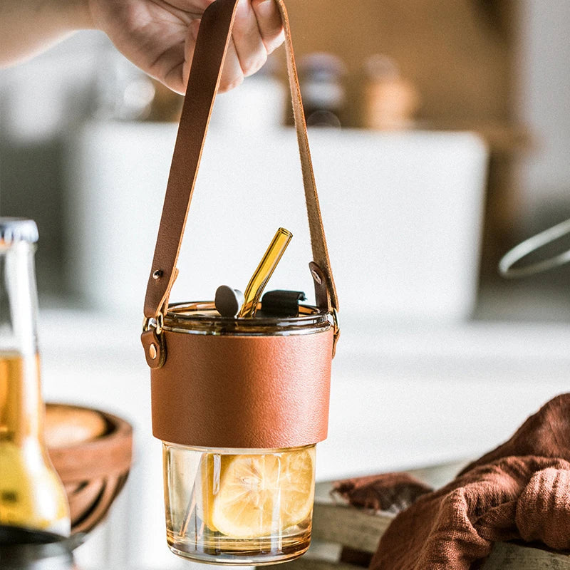 DecorBites™ 450ml Glass Coffee Cup with Lid and Straw | Stylish Heat-Resistant Glass Mug