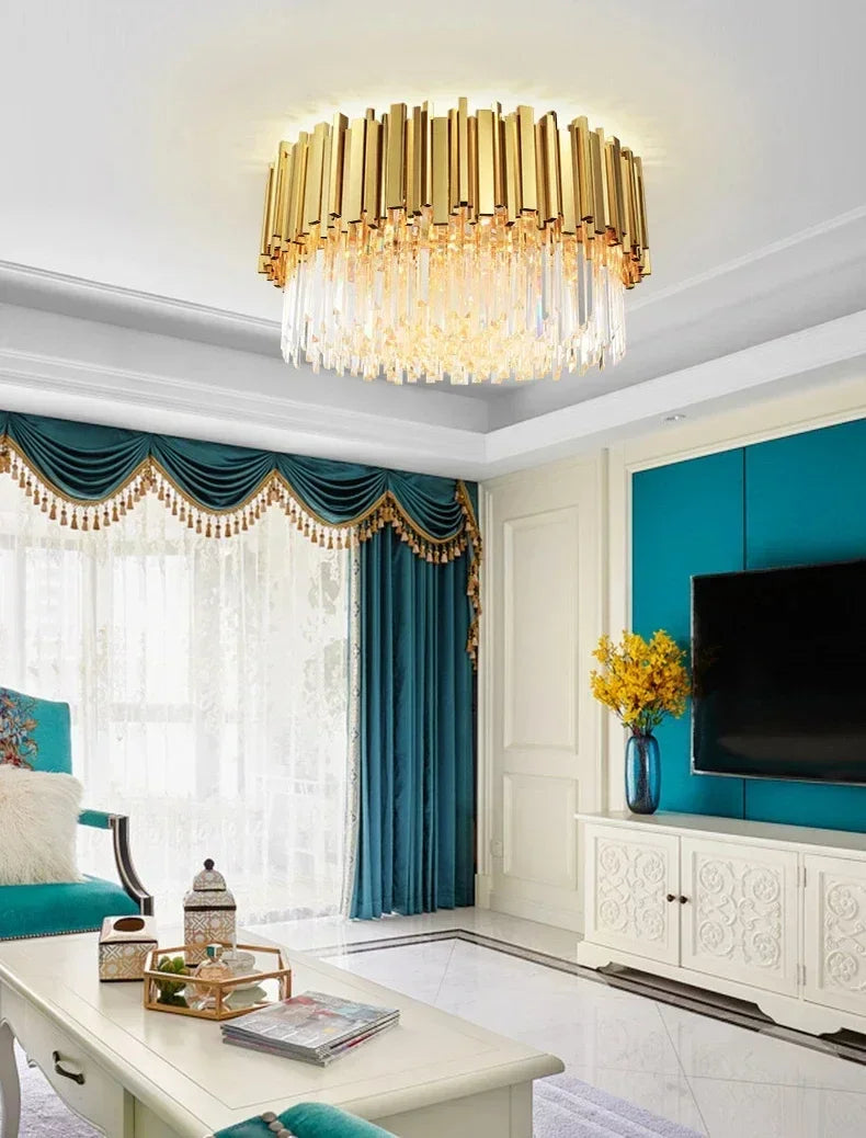مصباح سقف كريستالي ذهبي DecorBites™ لغرفة المعيشة وغرفة الطعام العصرية