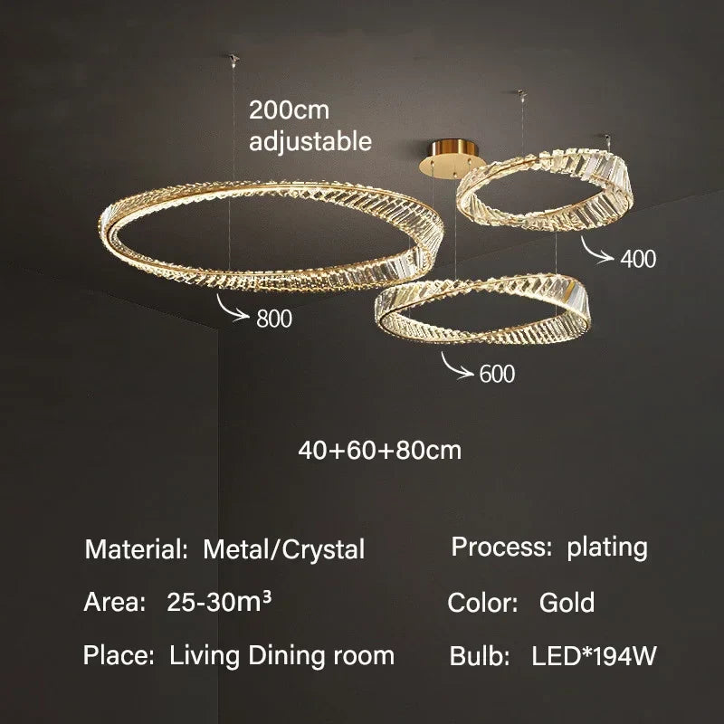 ثريا قلادة كريستال ذهبية بتقنية LED من DecorBites™ لإنارة غرف المعيشة والطعام الفاخرة والديكور