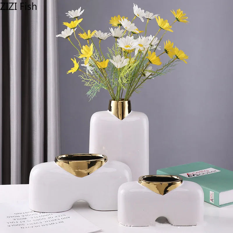 ديكور فازة سيراميك ذهبية DecorBites™ للمكتب، فازة غرف أنيقة بتصميم زهور صناعية