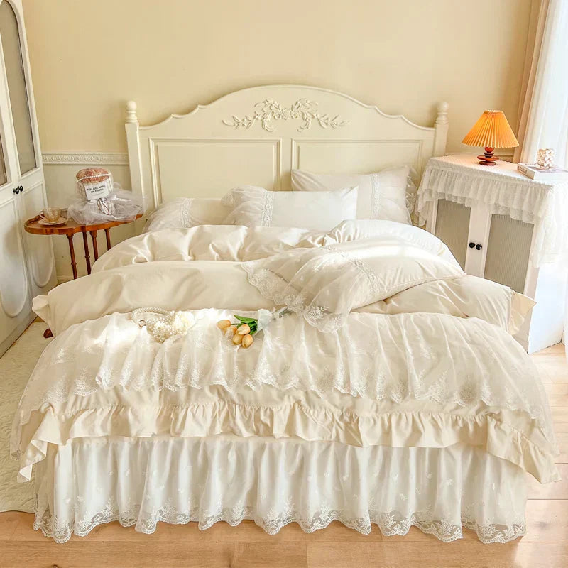 DecorBites™ French Princess Lace Ruffles Bedding Set, 100% Cotton, Pink Romantic Theme