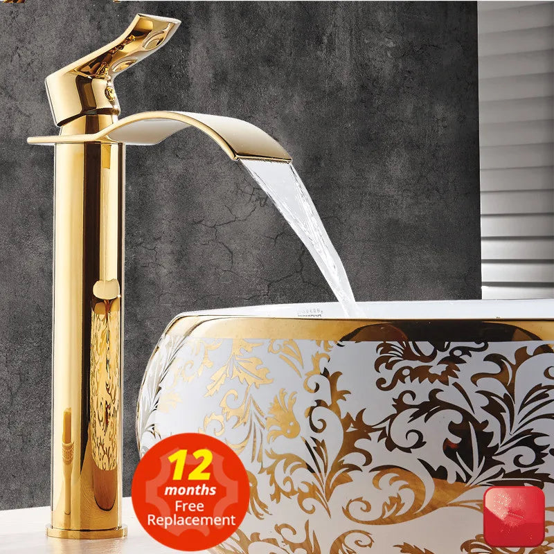 Robinet mitigeur d'évier DecorBites™ cascade doré et blanc pour salle de bain, eau chaude et froide