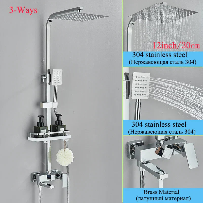 DecorBites™ Black Brass Shower Faucet Set with Rotatable Tub Spout and Rain Shower Column