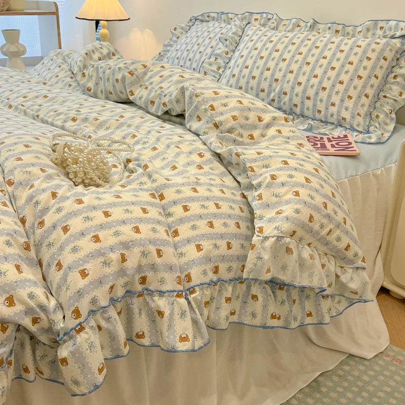 طقم مفروشات أميرة كورية بطبعة زهور من DecorBites™ من القطن المغسول للفتيات