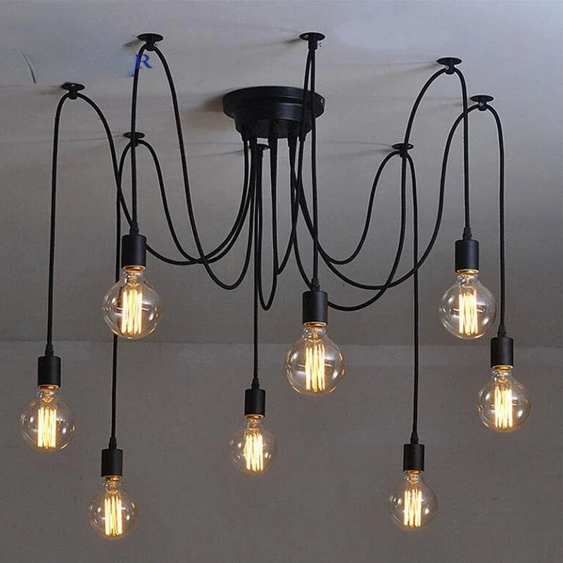 Black Industrial Spider Pendant Light, 6-Light Iron