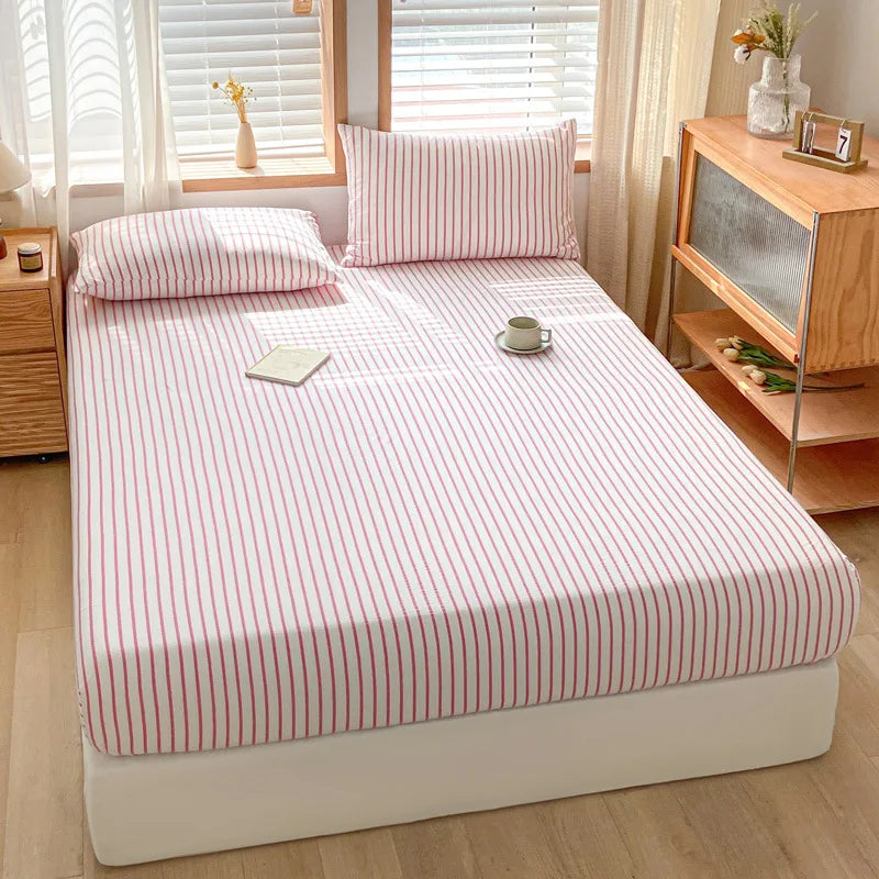 DecorBites™ Cotton Stripe Fitted Sheet- Single Cozy Mattress Cover with Elastic Band