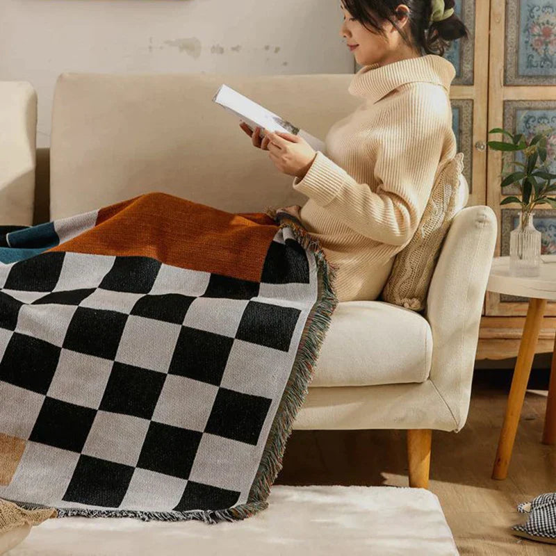 DecorBites™ Cozy Plaid Wool Blend Crochet Checkerboard Blanket