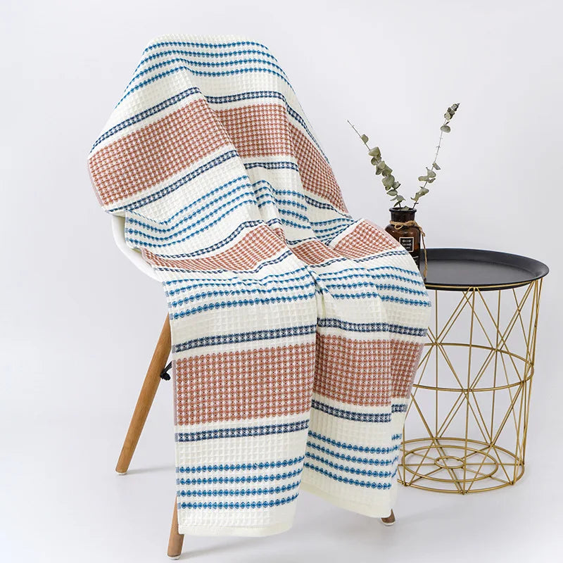 DecorBites™ Cotton Bath Towel - Soft Absorbent Honeycomb Stripe Design, 70x140cm