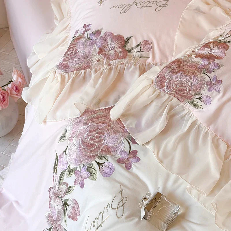 DecorBites™ Flowers Lace Ruffles Wedding Bedding Set 1000TC Egyptian Cotton Duvet Cover Set
