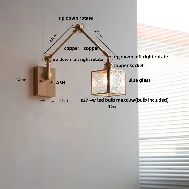 DecorBites™ Ash Wood LED Wall Lights Swing Arms Blue Glass Bedside Lamp