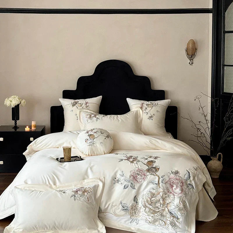 DecorBites™ 5-Piece Chinese Flowers Bird Embroidery Bedding Set, 1000TC Egyptian Cotton, Queen King