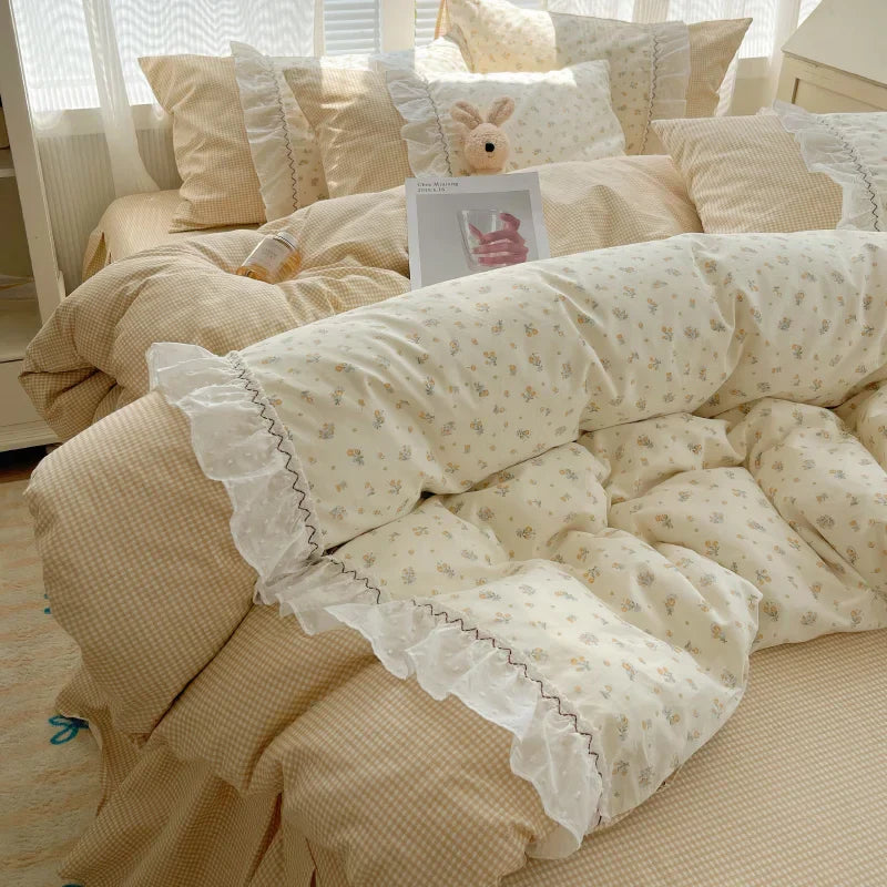 DecorBites™ Cotton Small Florals Princess Bedding Set - Queen Size - Duver Cover Bed Sheet Bed Skirt Pillowcases