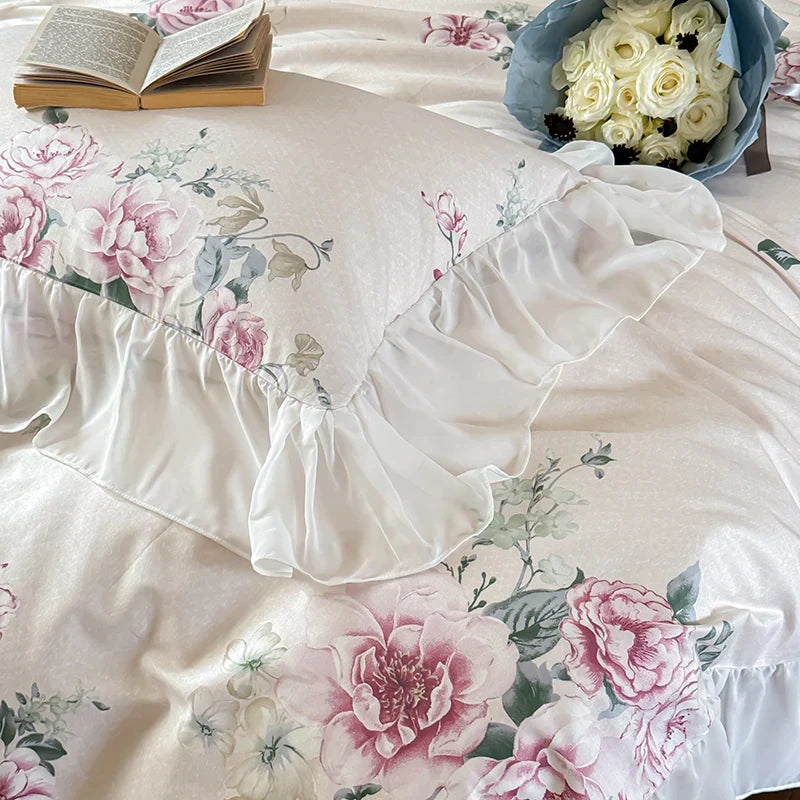 DecorBites™ French Flowers Lace Ruffles Princess Bedding Set with Bed Sheet Pillowcases